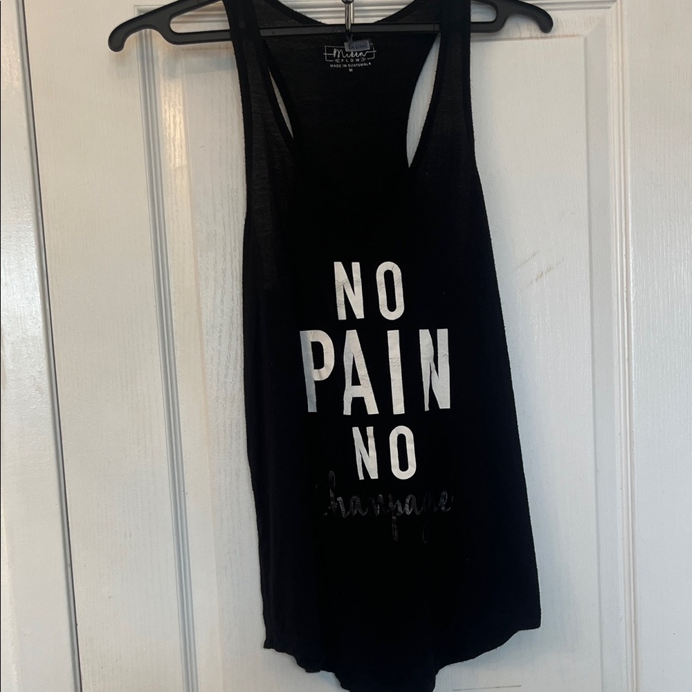 Miken Flow Black Racerback Tank with White Graphic Text - No Pain No Champagne